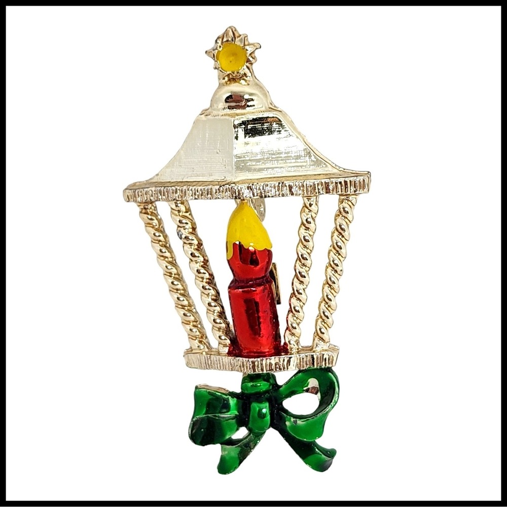 Vintage Christmas Lantern Candle Lamp Post Enamel Green Red Yellow Pin Brooch